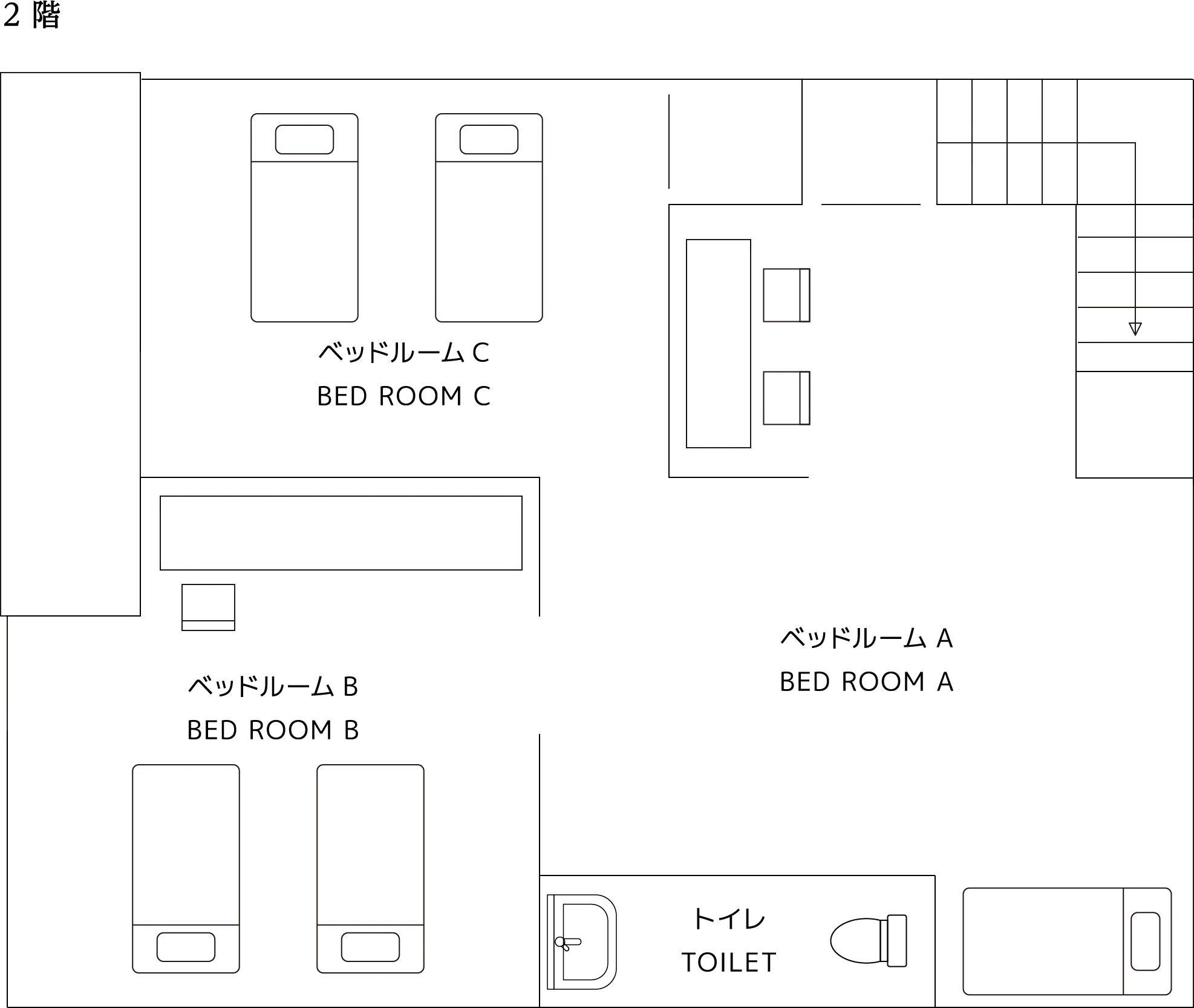 2階の間取り（各ベッドルームと階段の配置）